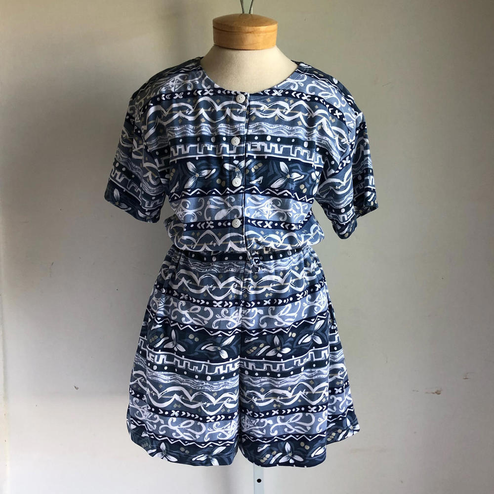 NWT Vintage Geometric Floral Striped Romper by Shenanigan's, Blue & White